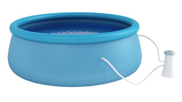 Childs blue plastic swimming pool filled with water and with an attached filter isolated on white