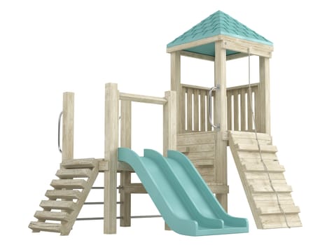 Wooden playground structure with climbing ramp, rope and slides for the amusement of children isolated on a white background