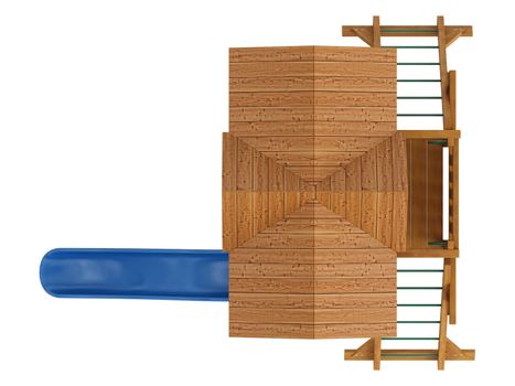 Covered wooden platform and slide with ladders for kids to scramble up while playing in a playground isolated on a white background