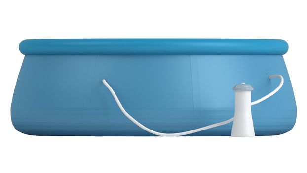 Childs blue plastic swimming pool filled with water and with an attached filter isolated on white