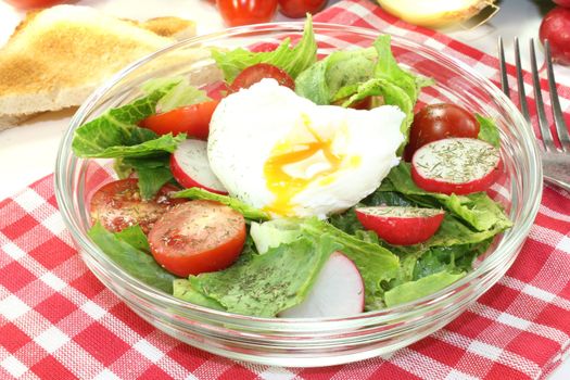 Salad with poached egg, tomatoes, radishes, lettuce and dill on a bright background