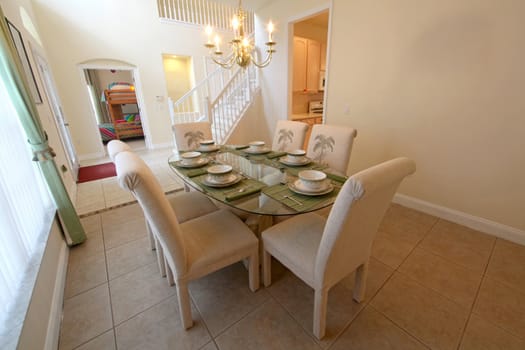 An interior shot of a dining room in a home