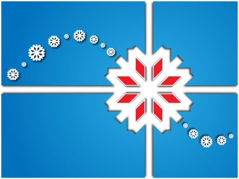 card with blue area divided into quarters snowflakes and wavelets