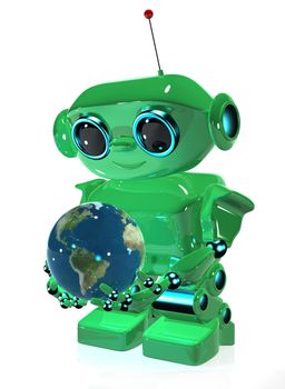 3d illustration green robot with antenna and globe
