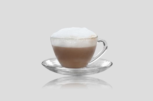 hot capuccino coffee isolated with shadow on grey background