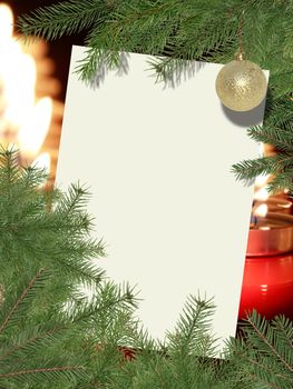 Christmas decoration. Blank paper for text between fir twigs on background with candles