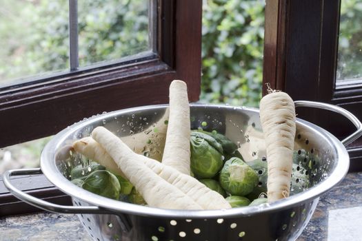 Raw parsnips and brussel sprouts in a colander beside window