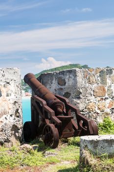 Old rusting cannon at Fort Amsterdam overlooking Philipsburg Sint Maarten