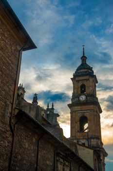 The sky and spire of the cathedral in Bogota, Colombia