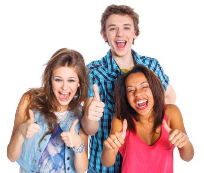 Clouse up portrait of three young teenagers laughing. Isolated on white background.