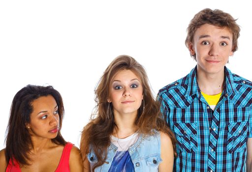 Portrait of three young teenagers. Isolated on white background.