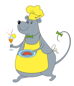 Rat waiter with sausage in yellow cap bringing to the client a tray with meal
