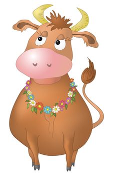 Beautiful pensive cow with a necklace from flowers, isolated