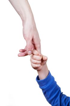 Mother holds her child hand over white background