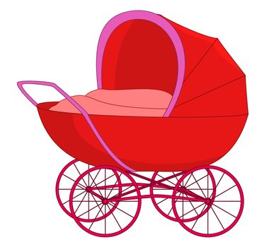 Empty red baby carriage with covered top on four wheels