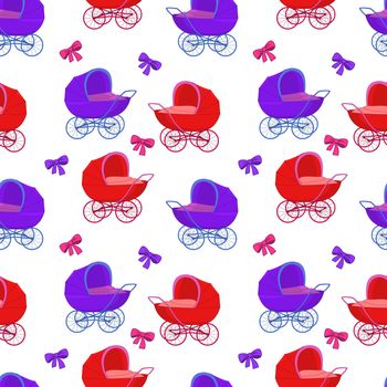 seamless background, baby red and violet carriages and bows