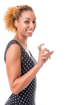 young woman holding something in her hand. Isolation on a white background