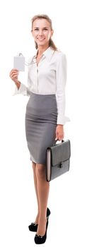 young woman in office attire. The figure is isolated on a white background with the clipping path