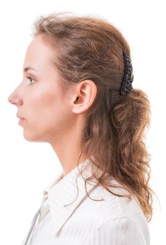 profile of a young woman close up on white background
