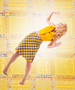 young woman in a yellow retro costume. Isolated with clipping path