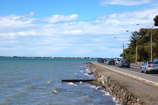 Cars on highway along the coast, Christchurch,New Zealand