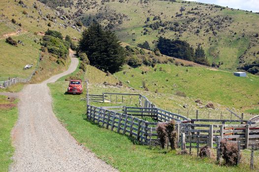 Gravel road in farm area, Banks Peninsula, New Zealand