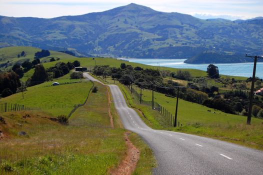 Hilly road in farm area, near Akaroa, Banks Peninsula, New Zealand