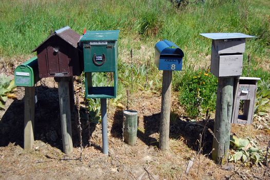 Private mailboxes near the road, Banks Peninsula, New Zealand