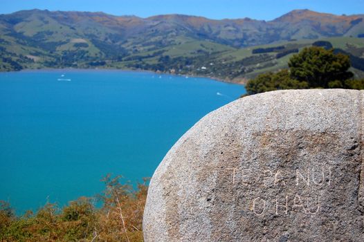 Maori stone inscription, Onawe Peninsula, New Zealand