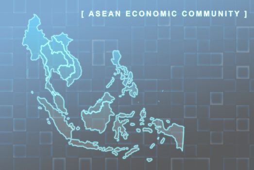 Modern map of South East Asia countries that will be member of AEC with each country flag symbols in background