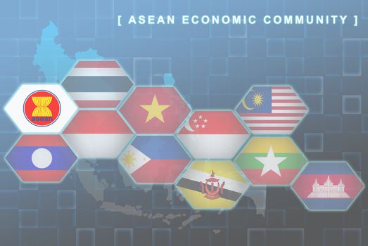 Modern map of South East Asia countries that will be member of AEC with each country flag symbols in background