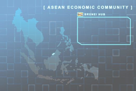 Modern map of South East Asia countries that will be member of AEC with Brunei flag symbol in background