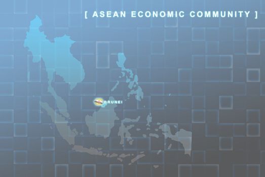 Modern map of South East Asia countries that will be member of AEC with Brunei flag symbol in background