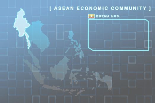 Modern map of South East Asia countries that will be member of AEC with Burma flag symbol in background