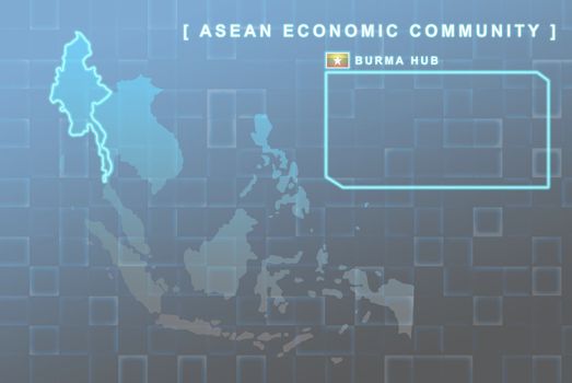 Modern map of South East Asia countries that will be member of AEC with Burma flag symbol in background