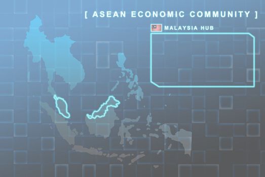 Modern map of South East Asia countries that will be member of AEC with Malaysia flag symbol in background