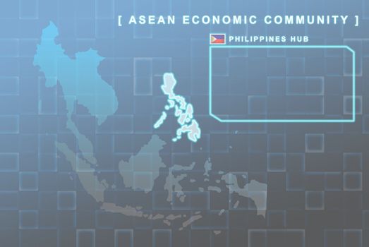 Modern map of South East Asia countries that will be member of AEC with Philippines flag symbol in background