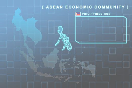 Modern map of South East Asia countries that will be member of AEC with Philippines flag symbol in background