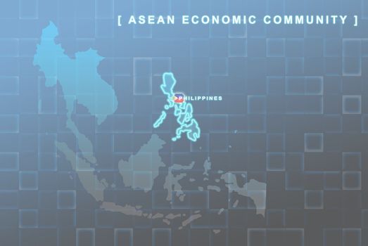 Modern map of South East Asia countries that will be member of AEC with Philippines flag symbol in background