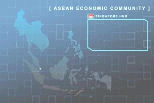 Modern map of South East Asia countries that will be member of AEC with Singapore flag symbol in background