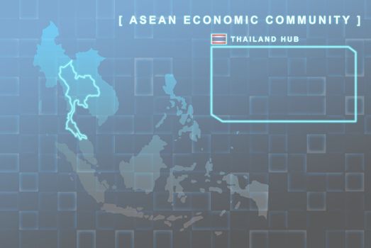 Modern map of South East Asia countries that will be member of AEC with Thailand flag symbol in background