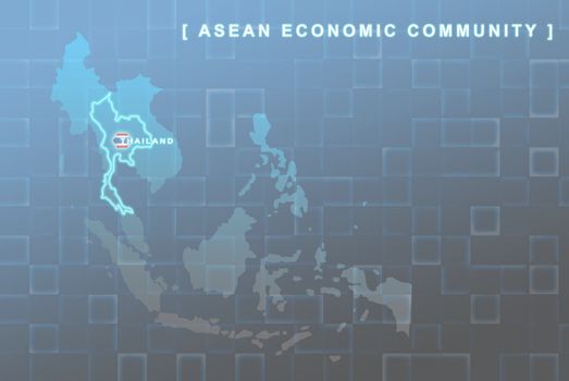 Modern map of South East Asia countries that will be member of AEC with Thailand flag symbol in background