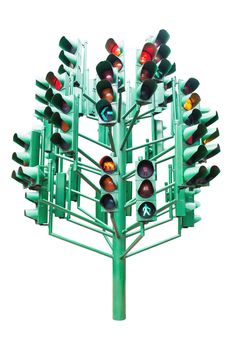 Multiple large traffic lights post made from green metal, taken on a cloudy day