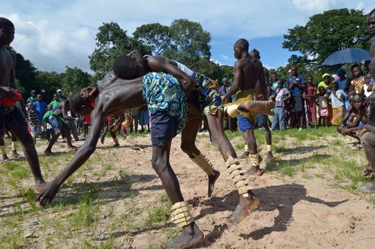 Kartiak, Senegal- September 27,2012: Men in the traditional struggle of Senegal, this sport is the most ancient competitive discipline in Senegal, this sport is the most beloved in Senegal