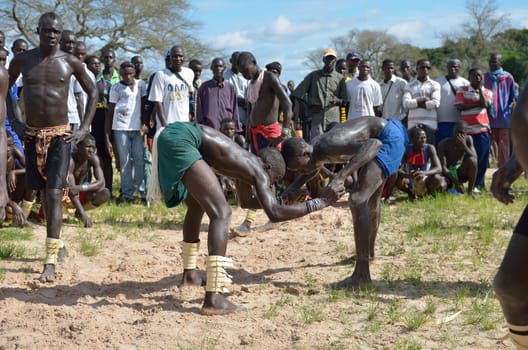 Kartiak, Senegal- September 27,2012: Men in the traditional struggle of Senegal, this sport is the most ancient competitive discipline in Senegal, this sport is the most beloved in Senegal