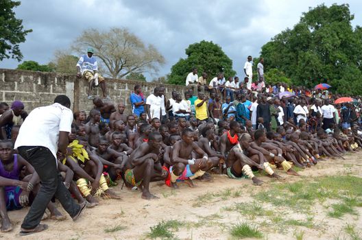 Kartiak, Senegal- September 27,2012: athletes waiting for to fight the traditional struggle of Senegal, this sport is the most ancient competitive discipline in Senegal, this sport is the most beloved in Senegal