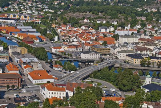 picture, cityscape of halden city is shot from the top of fredriksten fortress
