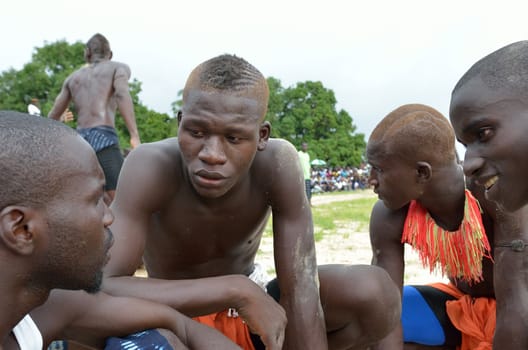 Kartiak, Senegal- September 27,2012: athletes waiting for to fight the traditional struggle of Senegal, this sport is the most ancient competitive discipline in Senegal, this sport is the most beloved in Senegal