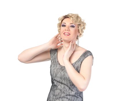 Portrait of drag queen. Man dressed as Woman, isolated on white background