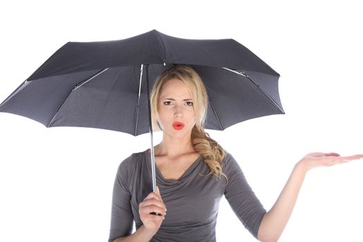 Unhappy blonde woman with umbrella holding palm up and checking for rain on white background